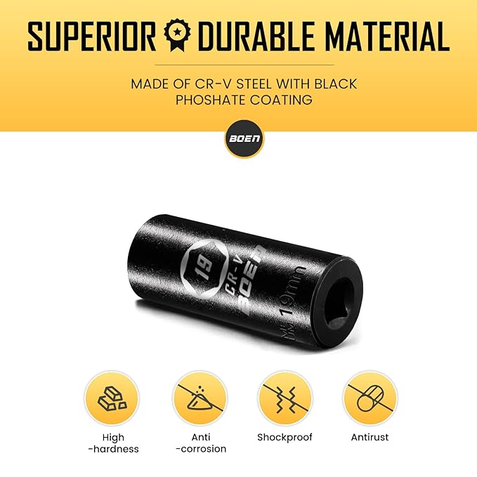 BOEN 1/2" Drive Deep Impact Sockets,Premium Impact Socket,19mm Socket,Metric,6 Point,Cr-V Steel with Laser Marking - Strong and Durable