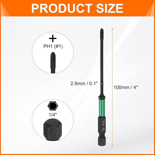 HARFINGTON 3pcs #1 Impact Phillips Screwdriver Bit PH1 1/4" Hex Shank 4" (100mm) Long 0.1" Rod Magnetic Cross Head Drill Bits S2 Steel Industrial Screw Driver for Impact Power Drivers