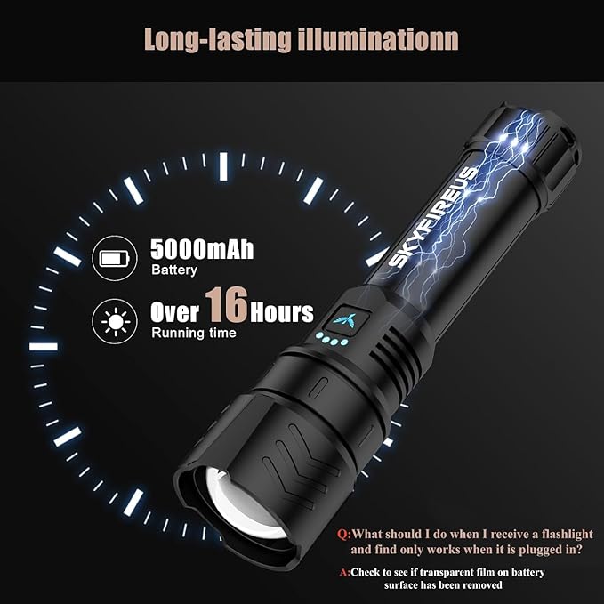 SKYFIRE Rechargeable Flashlights High Lumens,5000mAh Super Bright Flashlight Waterproof Powerful LED Tactical Flash Light for Camping Essentials Outdoor Home&Gifts