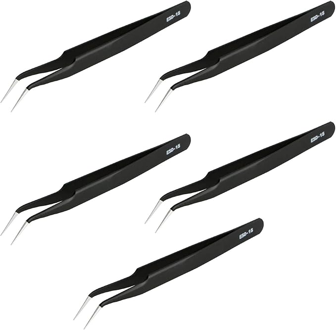 Aoje-Link ESD-15 Professional Anti-Static Precision Technology Tweezers, Non-magnetic Fine Tip Curved, Stainless Steel Plastic Coated, Full Length 120mm, Black, 5pcs
