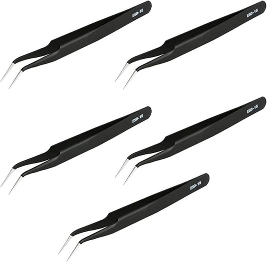 Aoje-Link ESD-15 Professional Anti-Static Precision Technology Tweezers, Non-magnetic Fine Tip Curved, Stainless Steel Plastic Coated, Full Length 120mm, Black, 5pcs