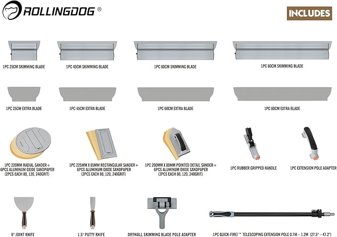 ROLLINGDOG Drywall Skimming Blade Set - 4pcs Skimming Blades with Extra Blades,Taping Knife,Putty Knife,3pcs Hand Sander with Sandpapers and Extension Pole for Drywall Jobs
