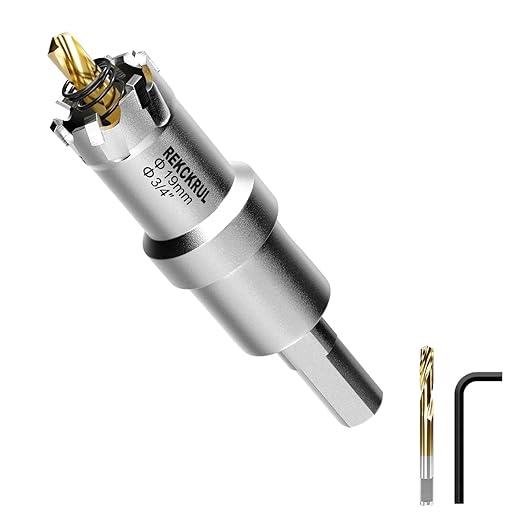 3/4" (19mm) TCT Carbide Hole Saw Kit for Metal - Heavy Duty Hole Cutter Drill Bits Set with 2 Titanium/Step Pilot Drill Bits & L-Wrench, Cuts Stainless Steel, Iron, Aluminum, Wood, Plastic