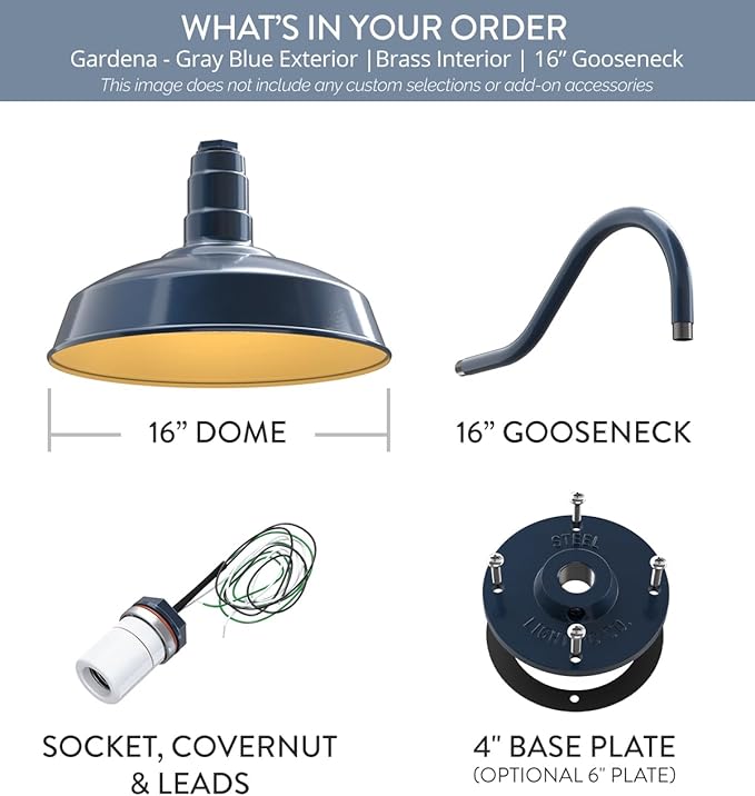 Steel Lighting Co. | Dusk to Dawn | Gardena Barn Light | Outdoor Wall Mounted | 16" Dome | 16" Gooseneck | Farmhouse Light Made in America | Gray Blue/Brass