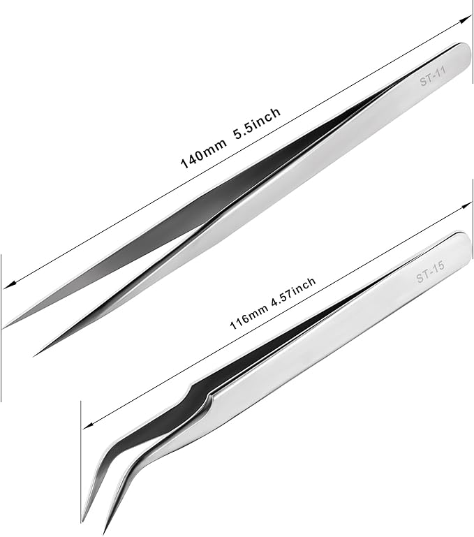 Ainiv Precision Tweezers Set, 2 Pcs Stainless Straight Curved Tweezers, Non-Magnetic Industrial Tweezers, for Craft, Electronics, Soldering, Medical and Experimental Work, Jewelry