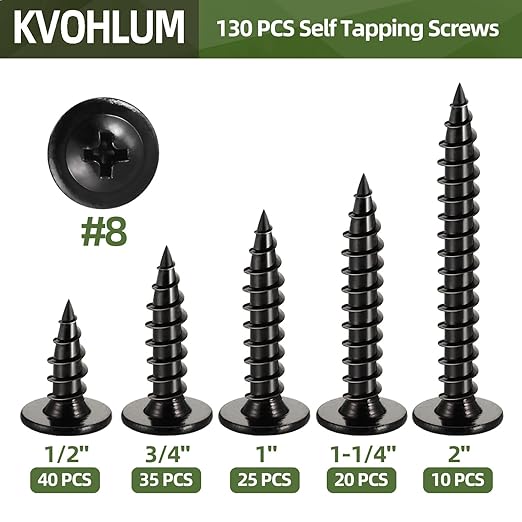#8 Modified Truss Head Self Tapping Screws Assortment Kit, 130 PCS Black Phillips Drive Quick Metal Wood Screws, Screwdriver Bit Included, 5 Sizes (1/2", 3/4", 1", 1-1/4", 2")