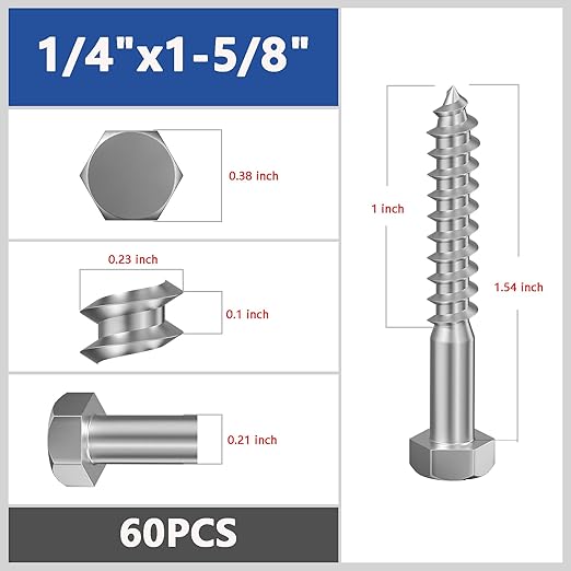 Lag Screws Wood Screws,(60PCS, 1/4" x1-1/2, Silver) Hex Head Lag Bolts,(6x40) Heavy Duty Lag Screws,304 Stainless Steel Bolts 18-8