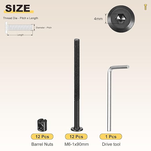 METALLIXITY Furniture Crib Screws Replacement Set with Wrench(M6-1x90mm) 24Pcs, Connector Bolt M6 Screw Barrel Nuts Binding Screws, for Chair Cabinet Bed, Black