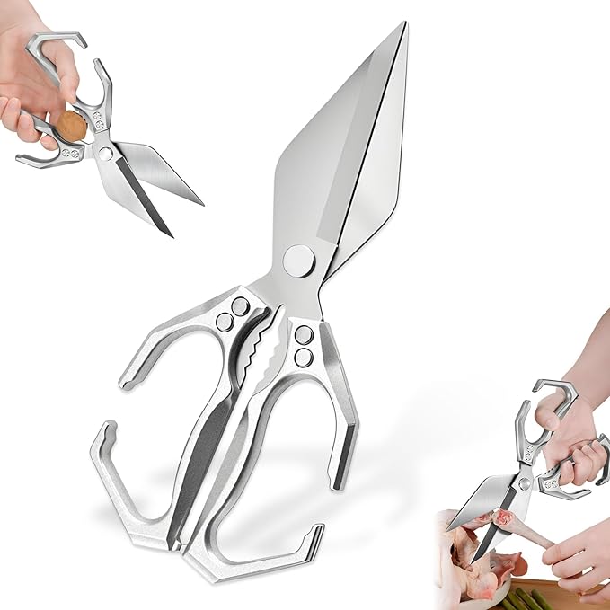 Multifunctional Heavy-Duty Kitchen Shears, High-Carbon Steel Culinary Shears, Heavy Duty Kitchen Scissors for Food with Ergonomic Handle for Chicken, Meat, Seafood (Sliver)