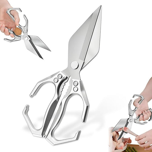 Multifunctional Heavy-Duty Kitchen Shears, High-Carbon Steel Culinary Shears, Heavy Duty Kitchen Scissors for Food with Ergonomic Handle for Chicken, Meat, Seafood (Sliver)