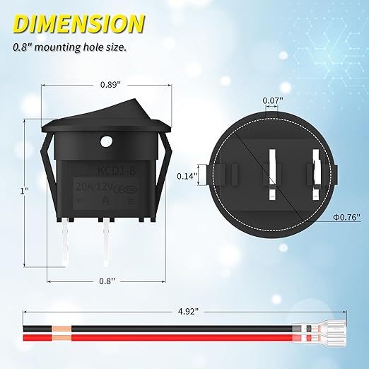 Joinfworld 10Pcs Round Rocker Switch 12V ON Off Switch 12 Volt DC Circle Toggle Switch 2 Pin SPST 6A/250V 10A/125V AC 20MM Small Rocker Switch with Wires for Auto Car Marine Boat - UL Listed