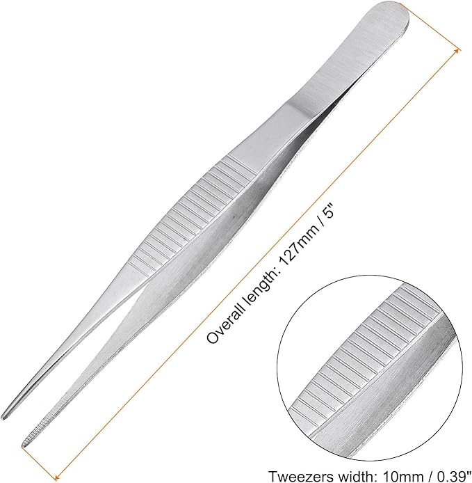 uxcell Stainless Steel Tweezers 5-Inch Straight Serrated Tip Stainless Steel Multipurpose Sewing Tweezer Silver 10 Pcs