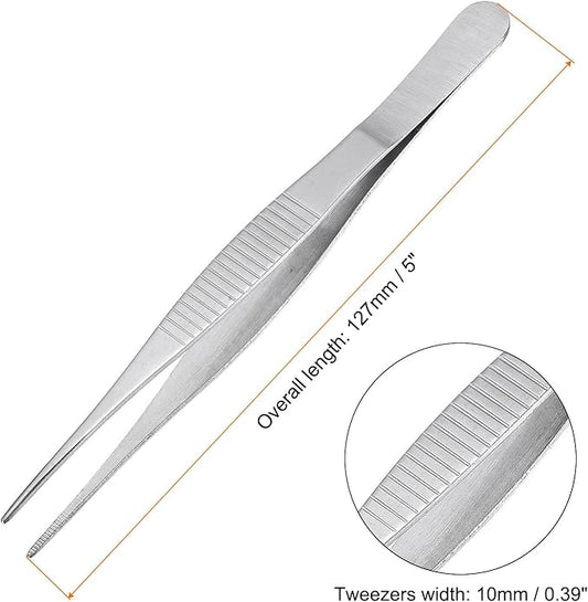 uxcell Stainless Steel Tweezers 5-Inch Straight Serrated Tip Stainless Steel Multipurpose Sewing Tweezer Silver 10 Pcs