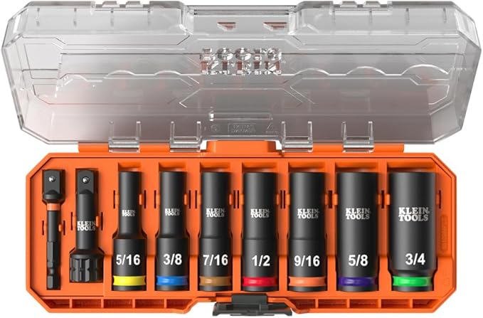 Klein Tools 65109IMPCT KNECT Deep-Well 3/8-Inch Drive Impact Socket Set, SAE, 9-Piece Tool Set with Impact Driver Adapter, Multi-Purpose Wrench Adapter, Color-Coded, MODbox Socket Organizer