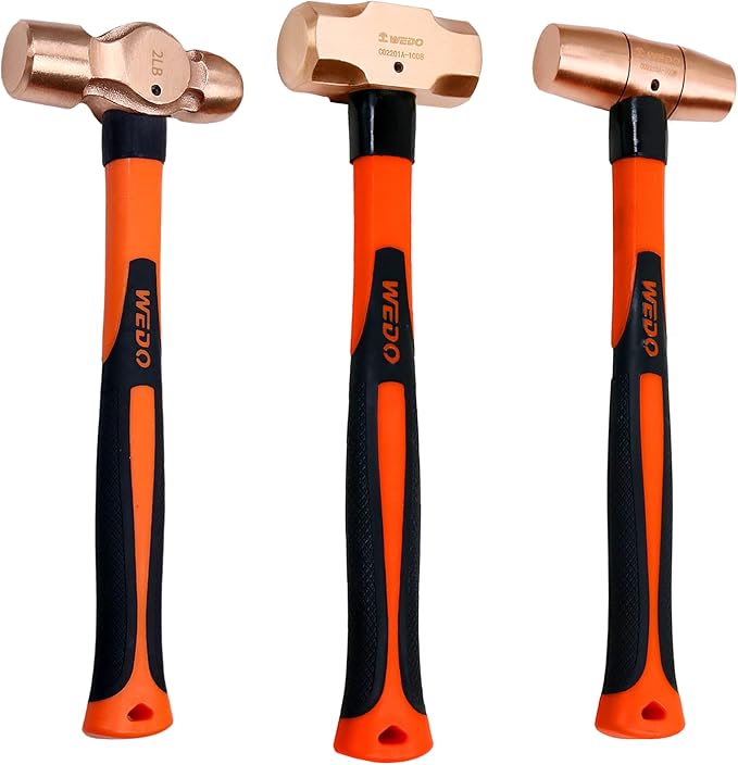 WEDO 3PCS Copper Hammer Set with Fiberglass Handle,4lb Sledge Hammer,2lb Drum Type Hammer,2lb Ball Pein Hammer,Die-Forge,Corrosion Resistant