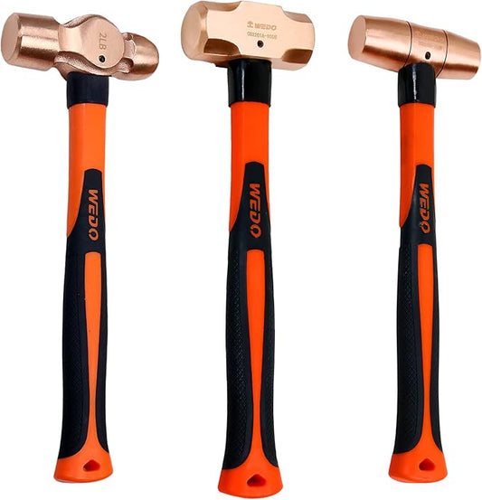 WEDO 3PCS Copper Hammer Set with Fiberglass Handle,4lb Sledge Hammer,2lb Drum Type Hammer,2lb Ball Pein Hammer,Die-Forge,Corrosion Resistant
