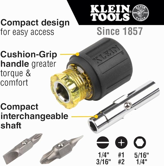 Klein Tools 32561 Multi-Bit Screwdriver/Nut Driver, 6-in-1 Stubby Screwdriver with 2 Phillips, 2 Slotted, 2 Nut Drivers