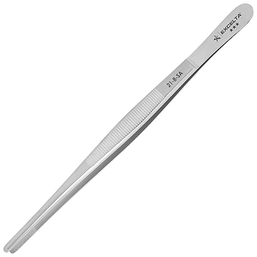 Excelta - 21-8-SA - Tweezers - Strong Point - Straight -Three Star - Anti-Mag. SS - Serrated Tips, 0.0975" Height, 0.45500000000000002" Wide, 8" Length