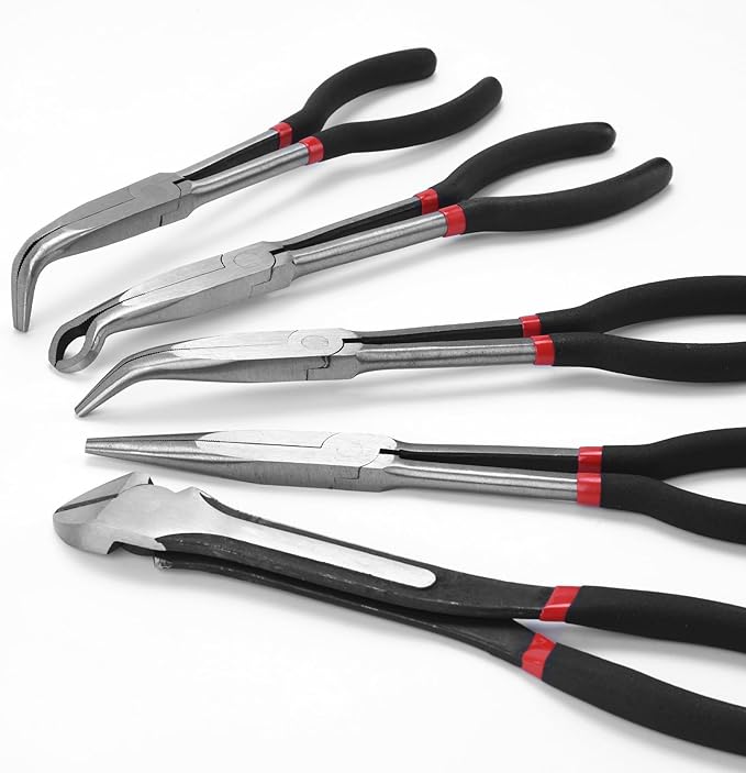 5-Piece 11" Extra Long Needle Nose Pliers Set with Insulated Comfort Grip, Straight Long Reach Plier, 45/90째Bent Nose Pliers,O-shaped nose plier,Diagonal Plier for Bending Shaping Trimming