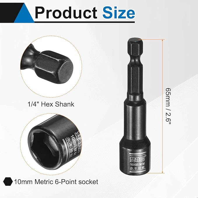 HARFINGTON Nut Driver Drill Bit 10mm Metric Socket 1/4" Hex Shank 2.6" (65mm) Long Magnetic 6-Point Sockets Quick Change CR-V Steel Bolt Setters for Power Drill Drivers