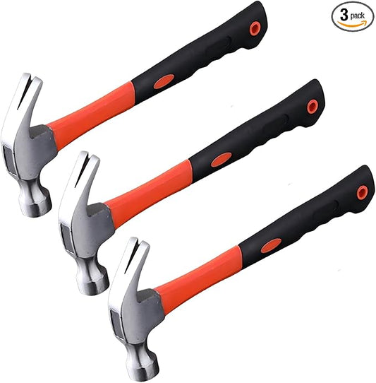 3 PCS 16oz Claw Hammer with Fiberglass Handle,Carbon Steel Nailing Hammer,Framing Hammer with Rip Claw,Anti-Vibration Grip