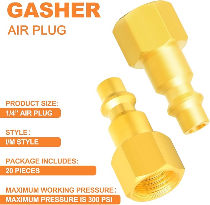 GASHER 1/4-Inch NPT Female Brass Industrial Air Plug, Pneumatic Plugs 300PSI (20-Pack)
