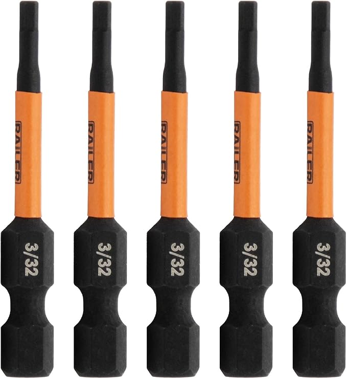Railer 3/32 Hex Drive Bit - Impact Grade S2 Steel 2" Hex Head Allen Wrench Drill Bit w/Quick-Release 1/4 Shank. (5pc)