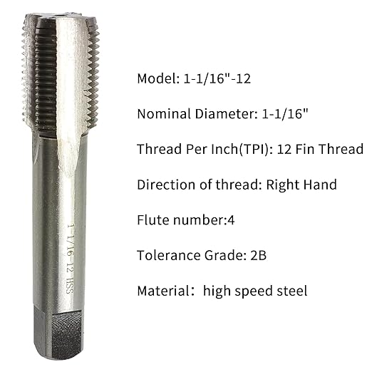 Lzcdelyxiao 1-1/16"-12 Tap UN Right Hand Straight Flute Machine Tap Nominal Diameter 1-1/16" Thread Per Inch 12 Fin Thread Tolerance Grade 2B High Speed Steel HSS
