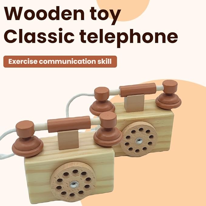 Ring Ring Telephone - Solid Wood Retro Chorded Dial Phone -1 pcs Toy Telephone-Pretend Play Toy Telephone -Role-Playing - Boost Communication Skills and Language Development - Age 3+ (1)