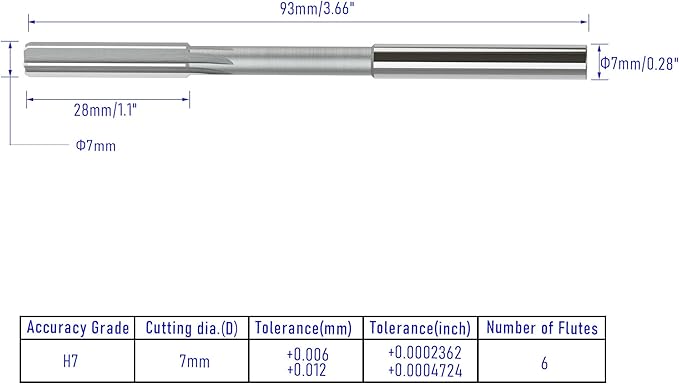 Chucking Reamer 7mm, H7 HSS Cobalt M35 Lathe Machine Reamer Metric, 6 Straight Flutes, Round Straight Shank Milling Cutting Tool, for Stainless Steel Alloy Copper Metal