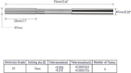 Chucking Reamer 7mm, H7 HSS Cobalt M35 Lathe Machine Reamer Metric, 6 Straight Flutes, Round Straight Shank Milling Cutting Tool, for Stainless Steel Alloy Copper Metal