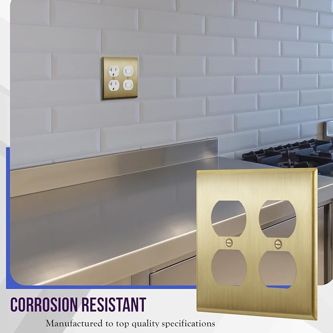 ENERLITES Double Duplex Receptacle Metal Wall Plate, Stainless Steel Outlet Cover, Corrosion Resistant, Size 2-Gang 4.50" x 4.57", Stainless Steel 201, 7722-BB, Brushed Brass, Gold