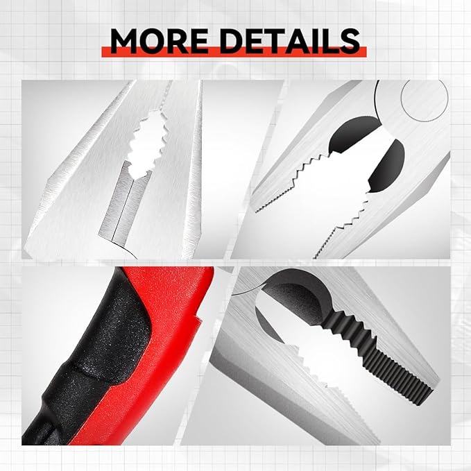 Universial 7" Linesman Plier Tool with Milled Teeth Hot-Riveted Joint Non-Slip Handle, Red