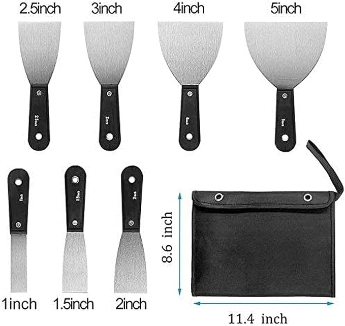 7 PCS Drywall Paint Scraper Tools with Storage Bag,Spackle Drywall Putty Knife Set,Stainless Steel Spackling Taping Knife Tool for Repairing,Removing Wallpaper,Applying Putty,Mud, Plaster Scraping