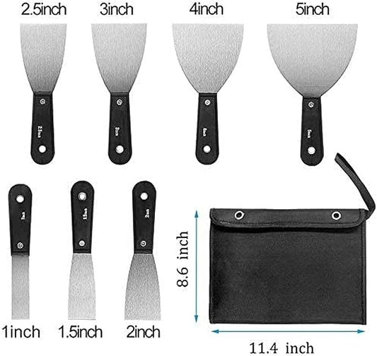 7 PCS Drywall Paint Scraper Tools with Storage Bag,Spackle Drywall Putty Knife Set,Stainless Steel Spackling Taping Knife Tool for Repairing,Removing Wallpaper,Applying Putty,Mud, Plaster Scraping