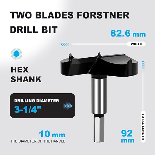 3-1/4 Inch Forstner Drill Bit Carbide Tipped,Woodworking Hinge Cutter for Precise Flat Bottom Holes in Hard Wood,Plywood,Plastic - Professional Grade