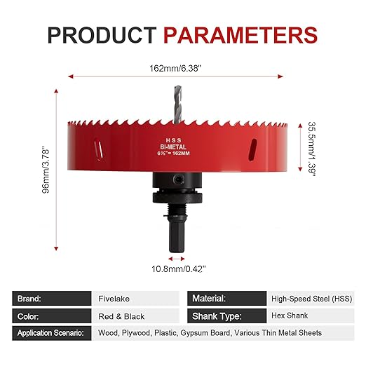 6-3/8" (162mm) Bi-Metal M42 High Speed Steel Hole Saw with Pilot Drill Bit, Smooth Cutting Edge for PVC, Drywall, Wood, Plastic, Gypsum Board, Rubber, Thin Metal