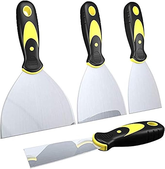 DEKEones Putty Knife Scrapers, Spackle Knife, Metal Scraper Tool for Drywall Finishing, Plaster Scraping, Decals, and Wallpaper (4 Pack, 5?? 4?? 3?? 1.5??Wide)