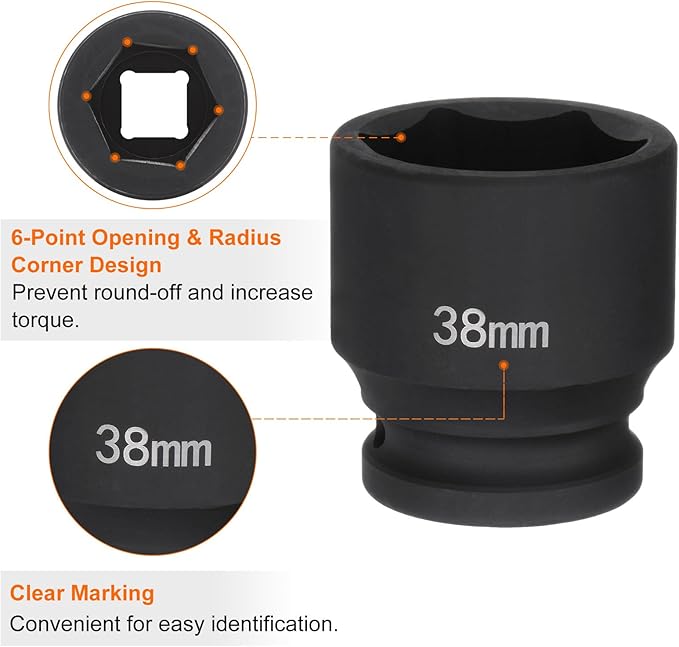 HARFINGTON 6-Point Impact Socket 3/4" Drive 38mm Metric 40Cr Alloy Steel Spindle Axle Nut Impact Socket
