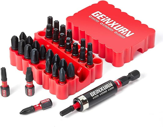 Impact Screwdriver Bits Set, 33 Pieces 1?쒶ulti Head Magnetic S2 Steel Driver Bits PH/SQ/Torx With Red Soft Base