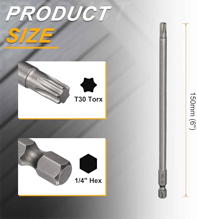 HARFINGTON 2pcs T30 Torx Head Screwdriver Bit 1/4" Hex Shank 6" (150mm) Long Magnetic No Hole Tip Tamper Proof 6 Point Star Screw Driver Drill Bits S2 Steel Industrial Power Screwdrivers