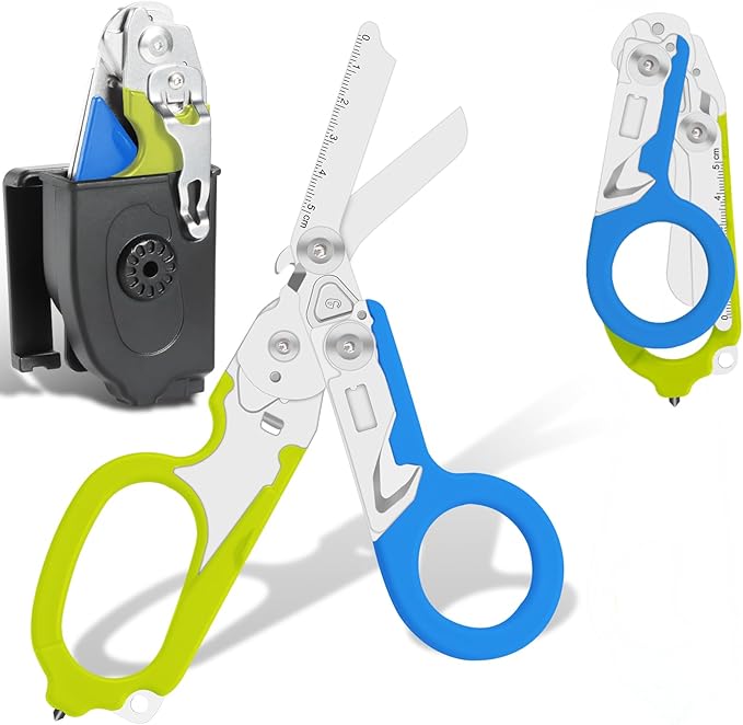 6-in-1 Heavy Duty Emergency/Trauma Shears, with Carbide Glass Breaker, Ring Cutter, Foldable, Stainless Steel Multi-Purpose Scissors for Hospital, Home, Camping, and Travel Rescue Tools (Green+Blue)