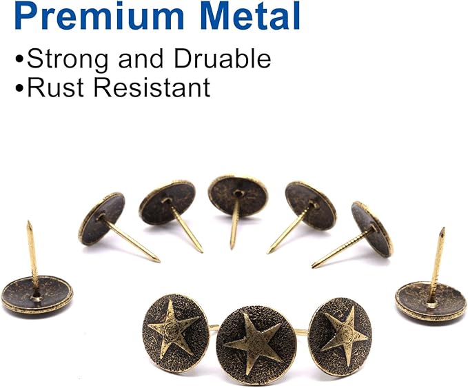 YuGtcen 100pcs Upholstery Tacks, Decorative Nails Thumb Tacks Round Metal Upholstery Nails for Wood Upholstery Pins Retro Furniture Tacks (16x20mm, Star Bronze)
