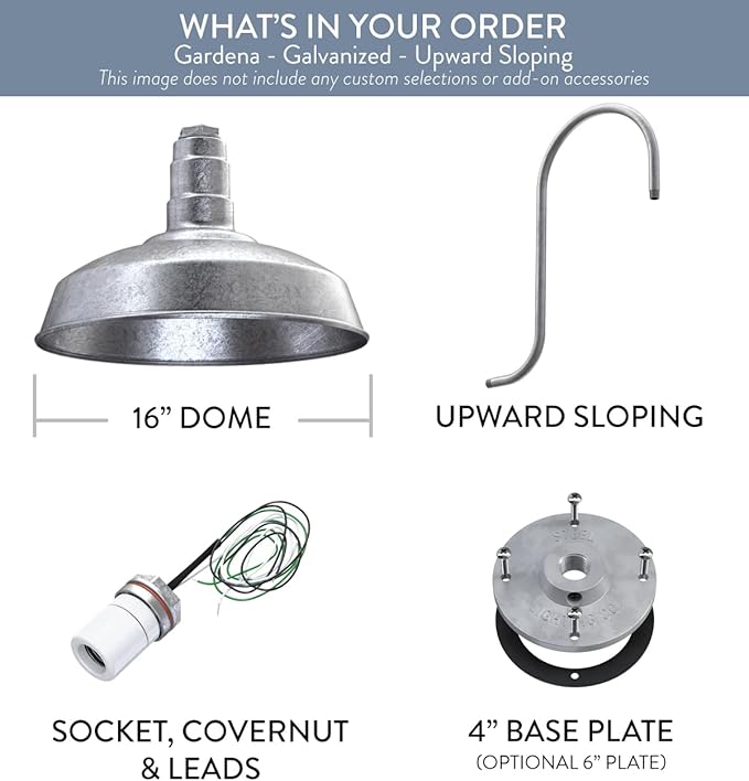 Steel Lighting Co. | Dusk to Dawn | Gardena Barn Light | Outdoor Wall Mounted | 16" Dome | Upslope Gooseneck | Farmhouse Light Made in America | Galvanized Exterior/Galvanized Interior