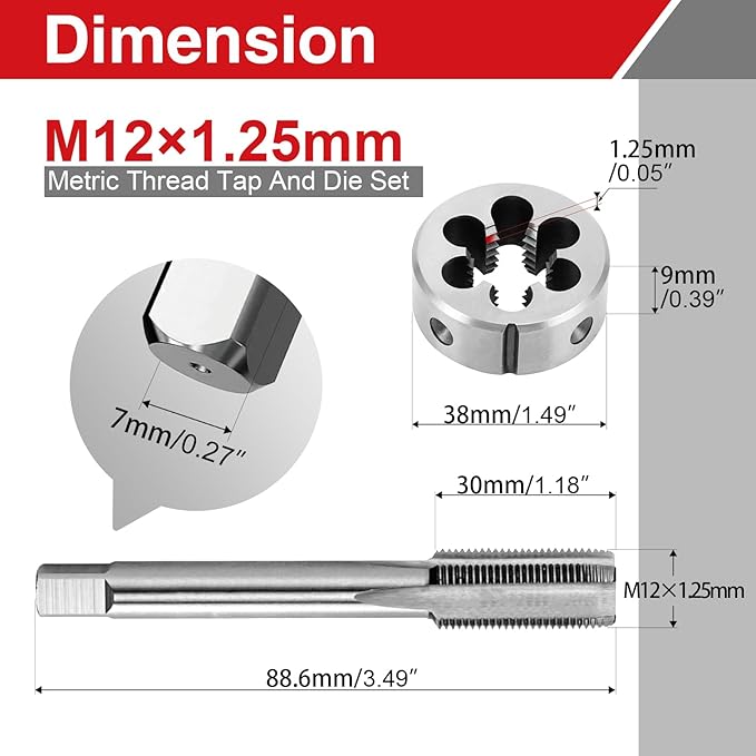 M12 x 1.25 Tap and Die Set Right Hand, M12 x 1.25mm Metric Thread High-Speed Steel 6542 Machine Tap and Round Die for Thread Repair on Automotive Parts and Machinery