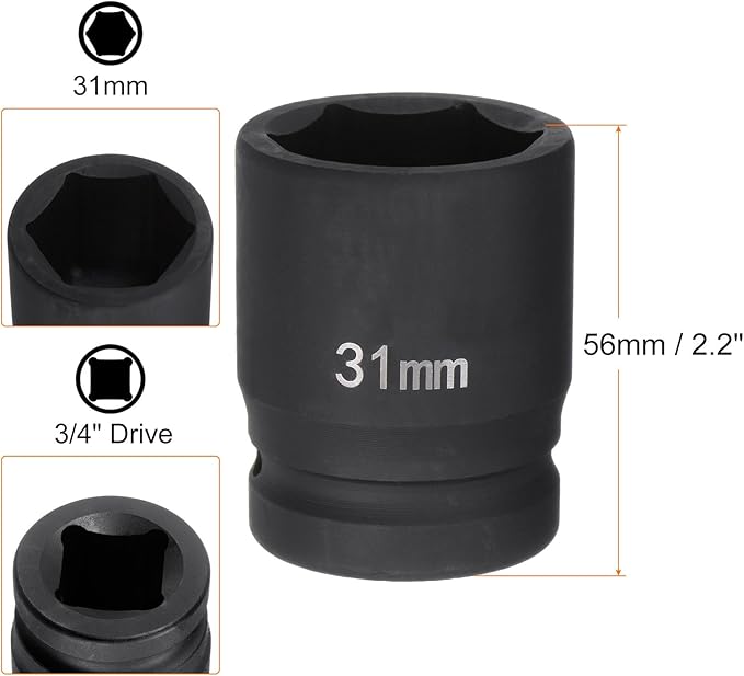 HARFINGTON 6-Point Impact Socket 3/4" Drive 31mm Metric 40Cr Alloy Steel Spindle Axle Nut Impact Socket