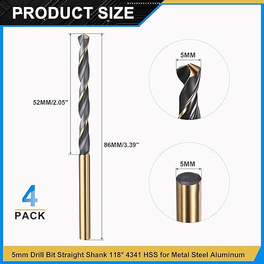 PATIKIL 5mm Drill Bit, Jobber Straight Shank 4341 High-Speed Steel 118째 Black and Gold Finish for Medium-Hard Metal Steel Acrylic - 4 Pack