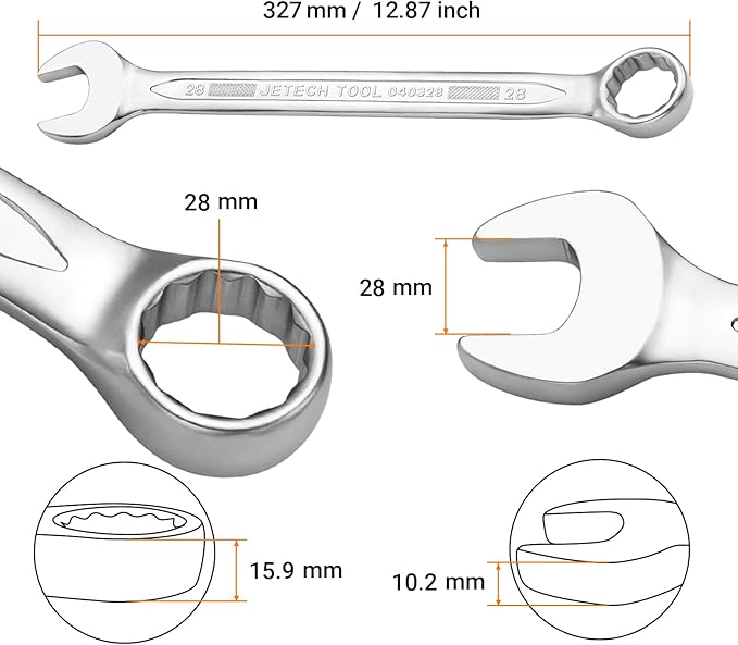 Jetech 28mm Combination Wrench - Industrial Grade, Chrome Vanadium Steel, Sand Blasted Finish, Precision-Machined 12-Point Opening, Off-Corners Design, 15-Degree Offset