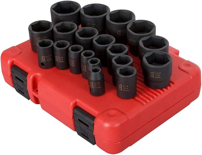 SUNEX TOOLS 2640, 1/2 Inch Drive Impact Socket Set, 19-Piece, SAE, 3/8 Inch ??1-1/2 Inch, Cr-Mo Alloy Steel, Radius Corner Design, Dual Size Markings, Heavy Duty Storage Case, Meets ANSI Standards