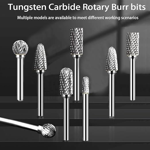 Carbide Burr Set 1/4'' Shank Die Grinder Bits Double Cut Solid Tungsten Carbide Burr Bits for Die Grinder Metal Carving Polishing Drilling Grinding Milling Cutting (8pcs)